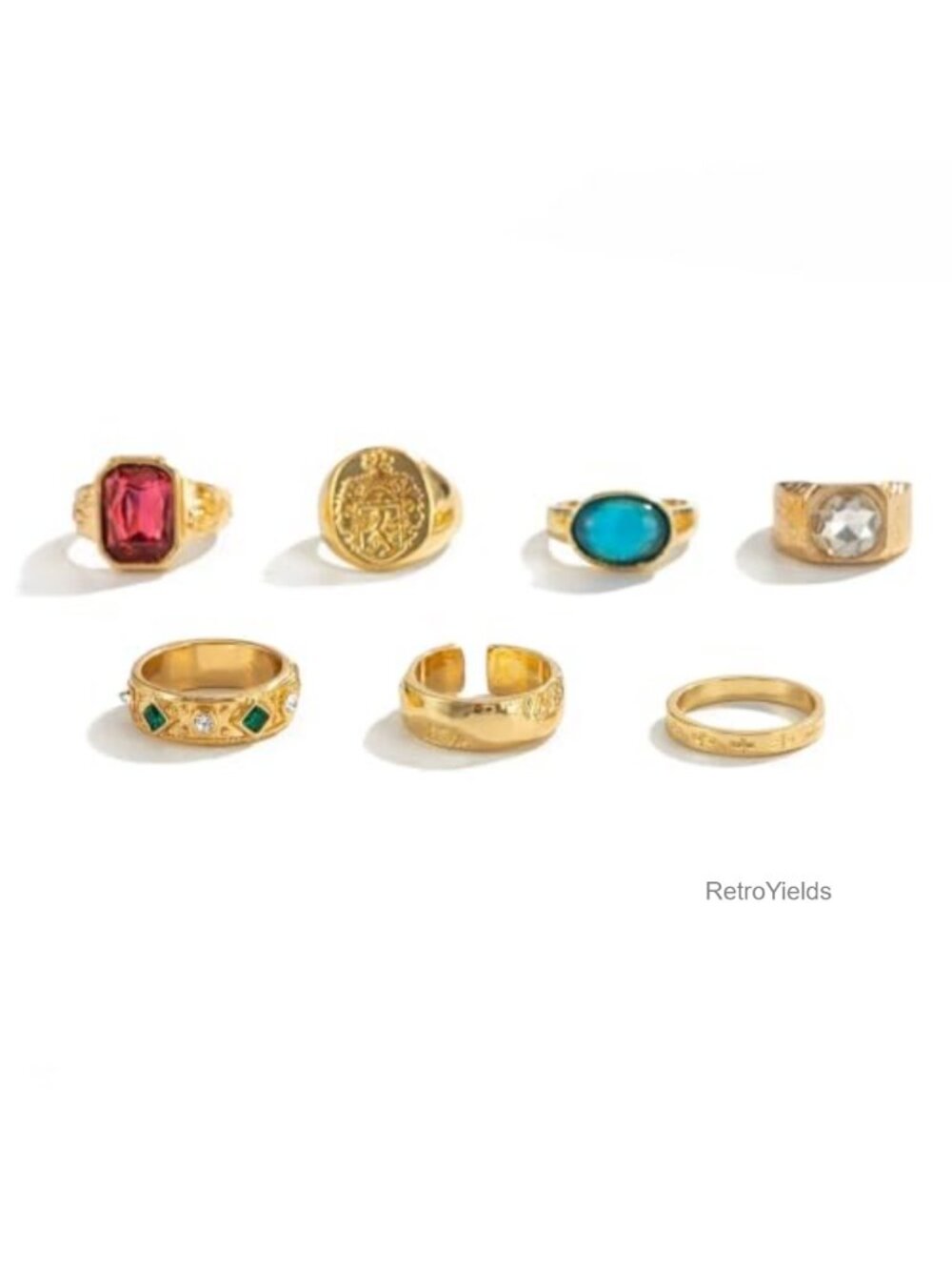 Deyatt 7 Piece Gold Tone Vintage Stackable Ring Set Adjustable Statement Rings